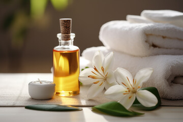 Fototapeta na wymiar Spa composition with Bergamot blossom flower essential oil, zen stones and towels