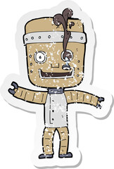 retro distressed sticker of a cartoon funny old robot