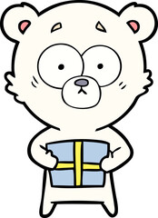 nervous polar bear cartoon with gift