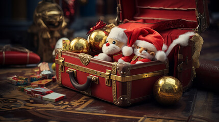 two stuffed animals playfully peeking out of a red suitcase adorned with gold ornaments.