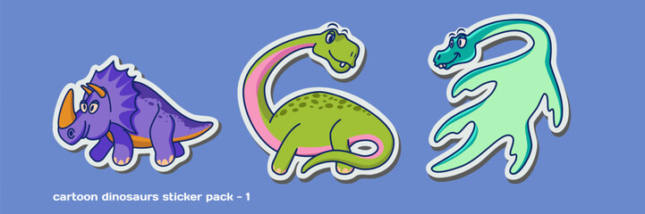 A collection of funny dinosaur vector cartoon character stickers in isolated solid colors background. The first sticker pack features a Triceratops, Plesiosaurs, and Brontosaurus.