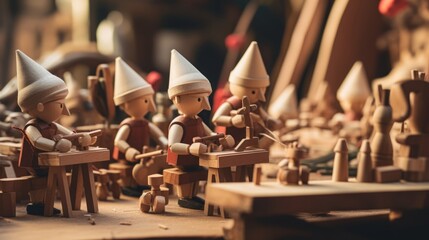wooden Pinocchio dolls busily working in a toy-making workshop. - obrazy, fototapety, plakaty