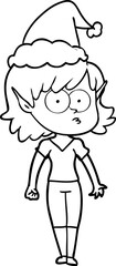 hand drawn line drawing of a elf girl staring wearing santa hat