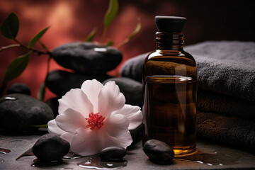 Fototapeta na wymiar Spa composition with Camellia flower essential oil, zen stones and towels