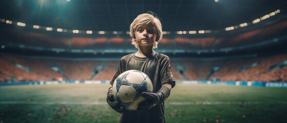9 year old goalkeeper standing in the stadium - obrazy, fototapety, plakaty