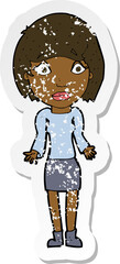 retro distressed sticker of a cartoon woman shrugging shoulders