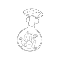cartoon world in a bottle, potion and mushroom, magic potion silhouette, line art