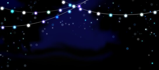 Fototapeta na wymiar Christmas blue string lights on dark background 