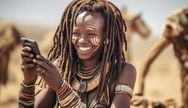 Serenely smiling Himba woman, gracefully blending modernity with tradition