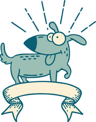 scroll banner with tattoo style happy dog