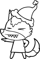 angry wolf hand drawn line drawing of a wearing santa hat