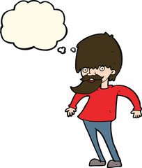 cartoon bearded man shrugging shoulders with thought bubble