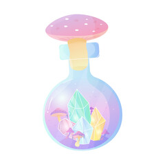 cartoon world in a bottle, potion and mushroom, magic potion