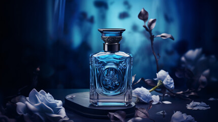Blue perfume on dark background