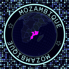 Mozambique on globe vector. Futuristic satelite view of the world centered to Mozambique. Geographical illustration with shape of country and squares background. Bright neon colors on dark background.