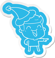 quirky cartoon  sticker of a man laughing wearing santa hat