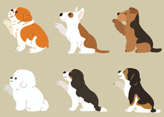 Illustration Collection of middle sized dogs shaking hands flat colored - obrazy, fototapety, plakaty