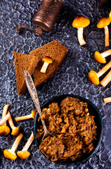 Frying pan with fried mushrooms on dark background