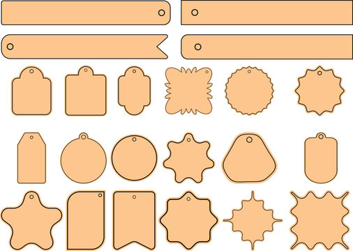 Big set of vector cardboard gift tags name card, discount label, Kraft paper or cardboard label for gift wrapping in retro style vector illustration,