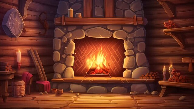 Lofi music concept, cozy fireplace lit in the wooden cabin. cartoon illustration style. seamless looping time-lapse virtual 4k video animation background. Generative AI