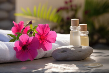 Spa composition with geranium flower essential oil, zen stones and towels