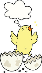 cartoon bird hatching from egg with thought bubble