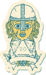 Retro Tattoo Style half orc fighter with natural twenty dice roll