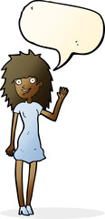 cartoon happy woman waving with speech bubble