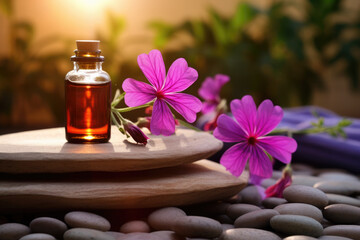 Fototapeta na wymiar Spa composition with geranium flower essential oil, zen stones and towels