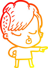 warm gradient line drawing of a cartoon pretty hipster girl