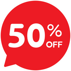 Single round 50% off on sale tag badge icon in red, shopping promo offer concept. flat design illustration vector for app web button ui ux interface elements isolated