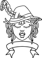 Black and White Tattoo linework Style singing elf bard character face with banner