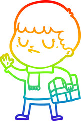 rainbow gradient line drawing of a cartoon grumpy boy