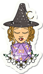 grunge sticker of a human witch with natural twenty dice roll