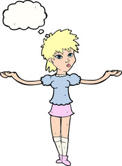 cartoon woman shrugging shoulders with thought bubble