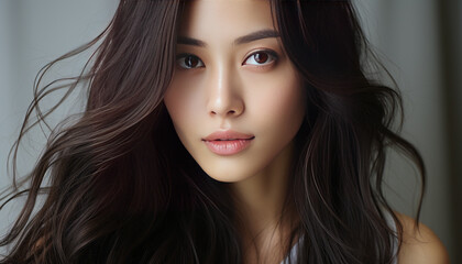 Naklejka premium Close-up photo of Asian woman's face, youthful and beautiful
