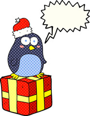 freehand drawn comic book speech bubble cartoon christmas penguin