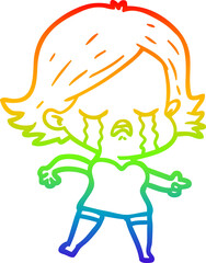 rainbow gradient line drawing of a cartoon girl crying and pointing