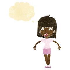 cartoon woman shrugging shoulders with thought bubble