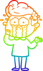 rainbow gradient line drawing of a cartoon worried crying man