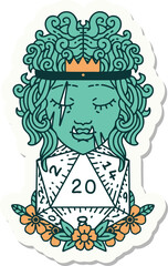 sticker of a half orc barbarian with natural twenty dice roll