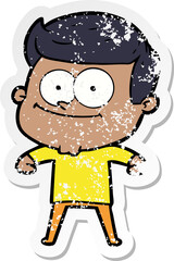 distressed sticker of a cartoon happy man