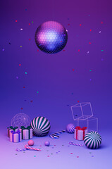 New year party decoration with disco ball, 3d render