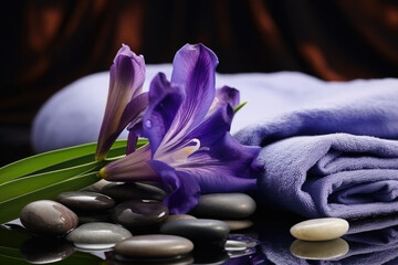 Obraz na płótnie Canvas Spa composition with iris essential oil, zen stones and towels