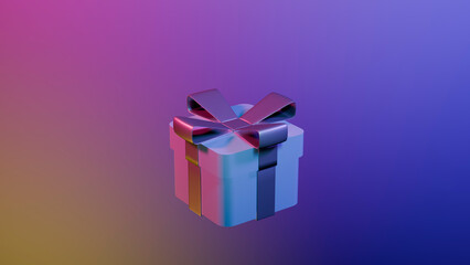 Greeting card with gift box, neon lighting, 3d render