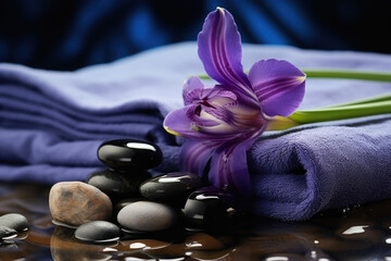 Obraz na płótnie Canvas Spa composition with iris essential oil, zen stones and towels