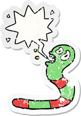 cartoon frightened worm with speech bubble distressed distressed old sticker