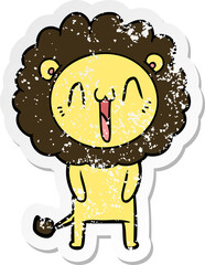 distressed sticker of a happy cartoon lion