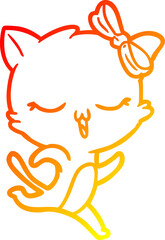 warm gradient line drawing of a cartoon cat with bow on head