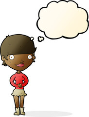cartoon friendly woman with thought bubble